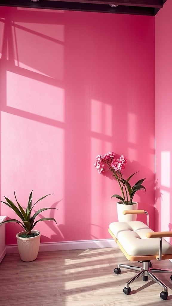 Bright pink accent wall in an esthetician room with a treatment chair and potted plants.