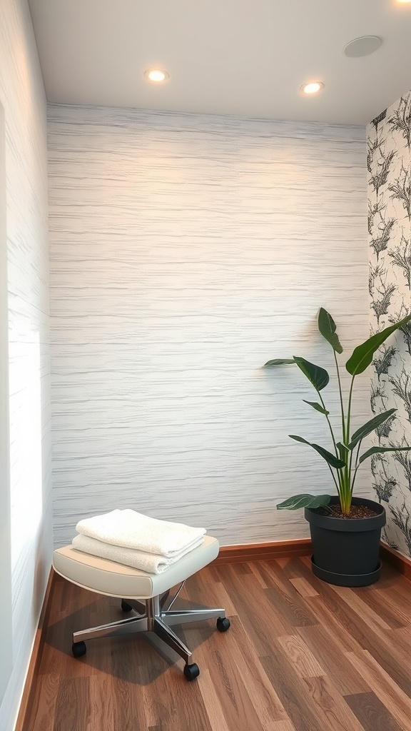 A cozy esthetician room with textured walls, a small stool with towels, and a potted plant.
