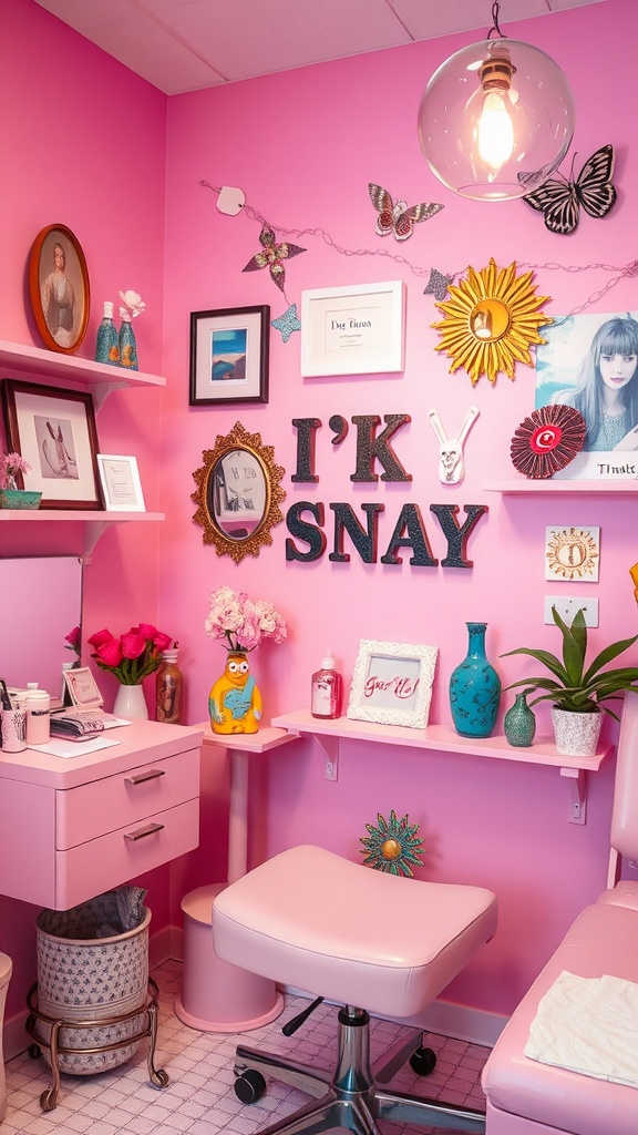 A pink esthetician room with unique decorative accessories including framed art, flowers, and colorful figurines.