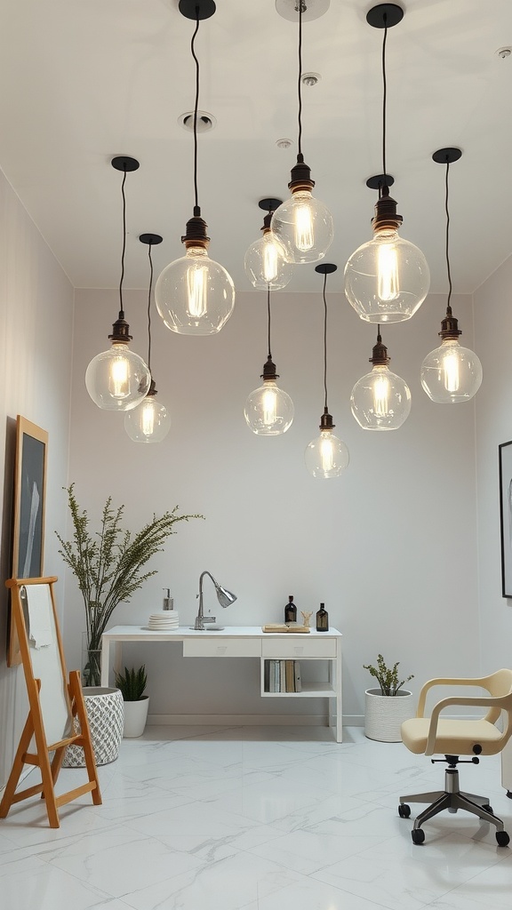 A serene esthetician room featuring unique pendant lighting fixtures.