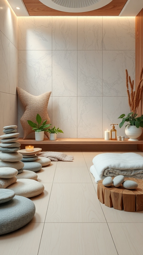 A serene esthetician room featuring smooth stones, soft textiles, and warm wood elements.