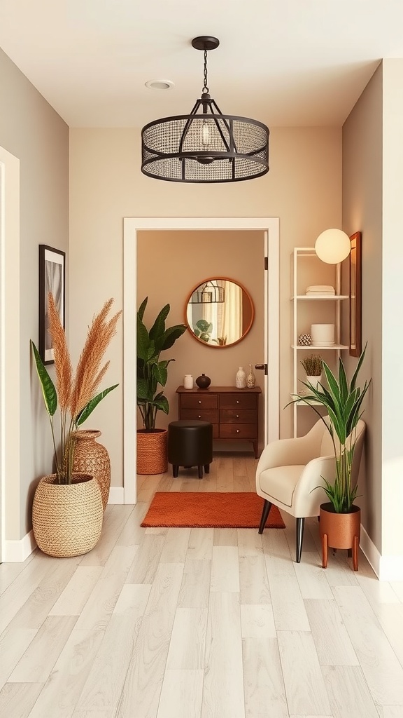 A well-decorated entryway with plants, a round mirror, and cozy seating.