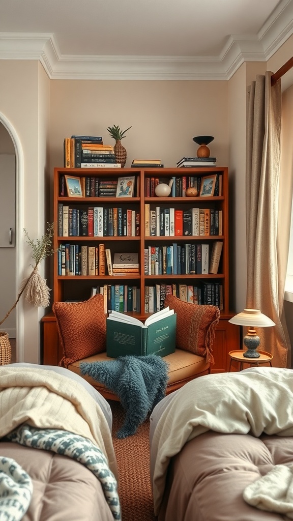 A cozy reading nook with bookshelves, comfortable seating, and warm lighting.