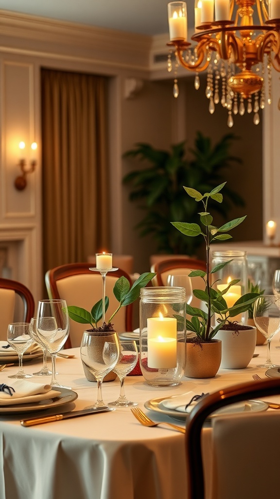 A beautifully arranged table featuring money plants in various containers alongside candles.