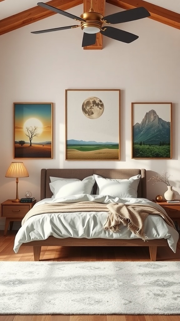 A cozy bedroom with earth-inspired artwork featuring landscapes and celestial themes.
