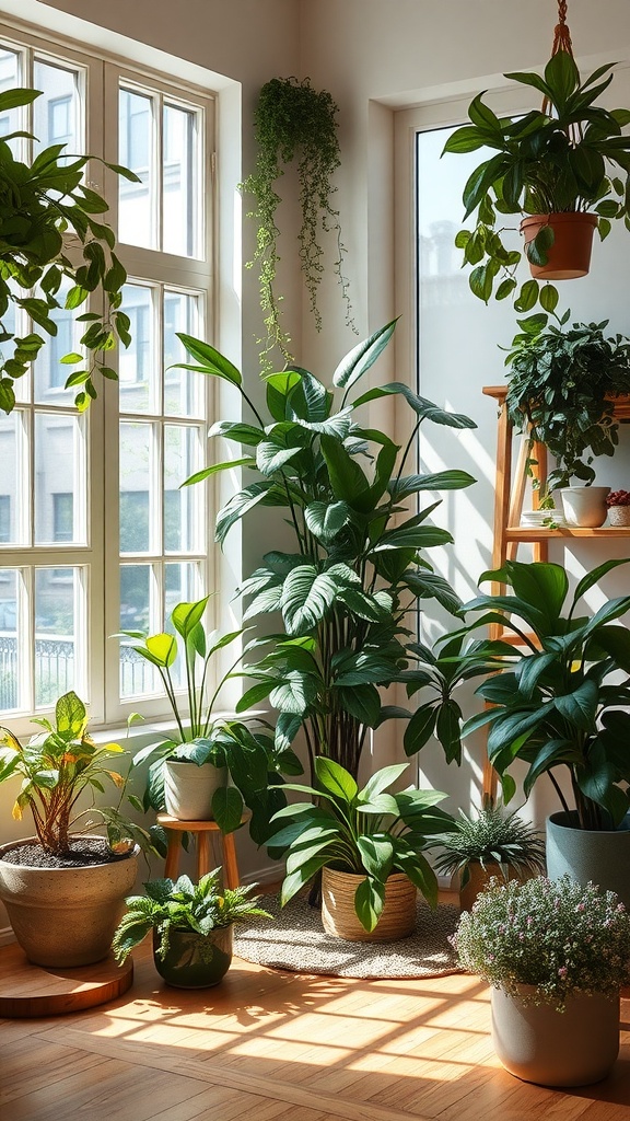 Indoor corner filled with various money plants and decorative pots.