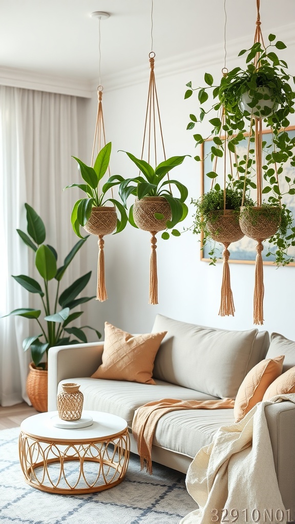 Hanging money plants in a stylish living room setting.