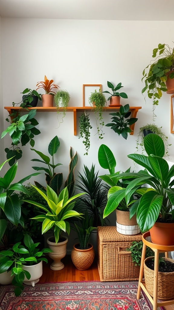 A cozy bedroom corner filled with various indoor plants in pots, showcasing greenery and natural decor.