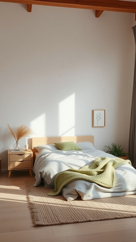 A minimalist bedroom featuring a bed with soft bedding, a nightstand, and earthy decor.