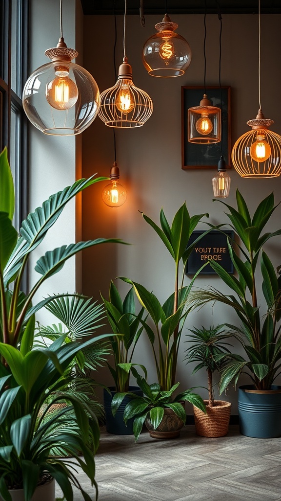 A beautifully decorated space featuring money plants and stylish pendant lighting.