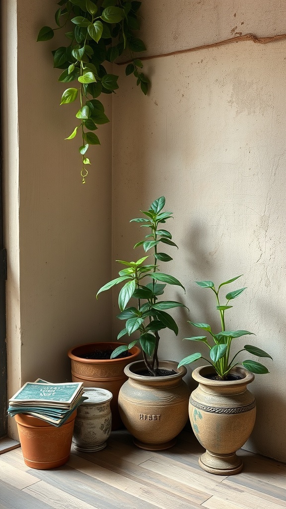 A collection of money plants in vintage pots, with some stacked books beside them.