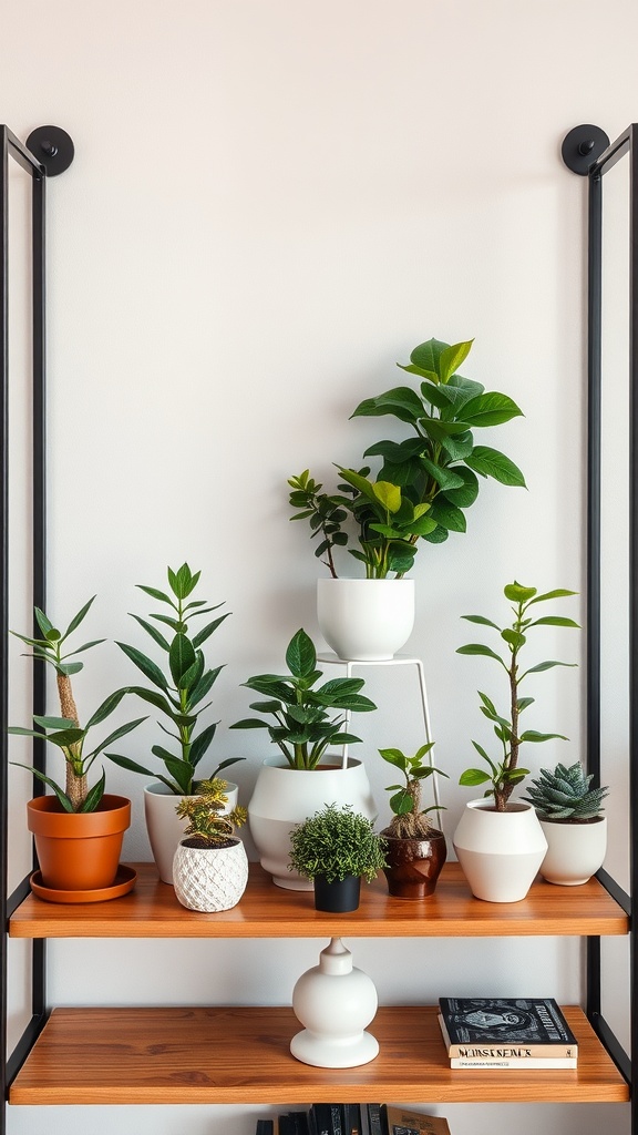 A stylish shelving unit displaying various money plants in different pots.