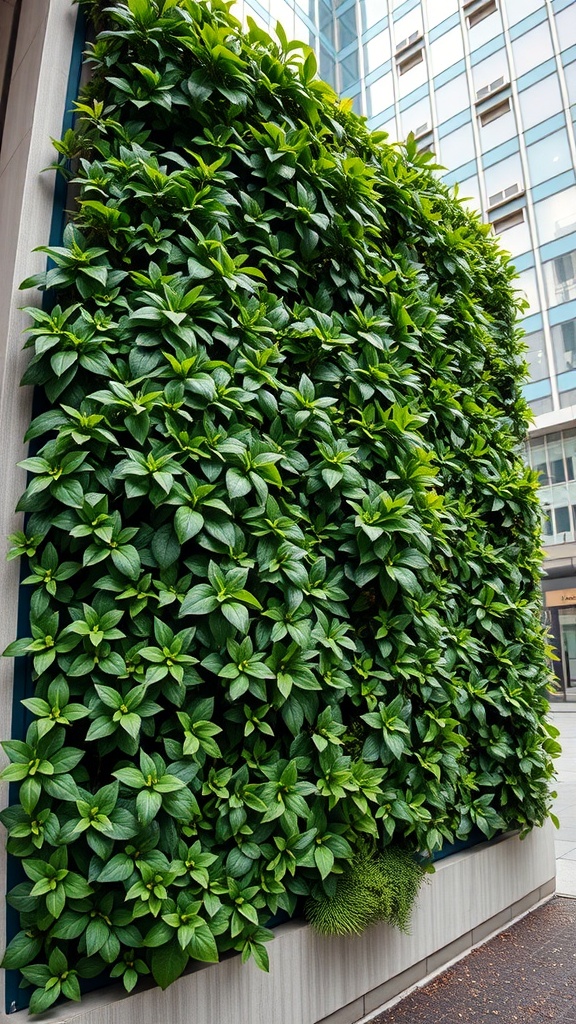 A lush vertical garden of money plants on a wall.