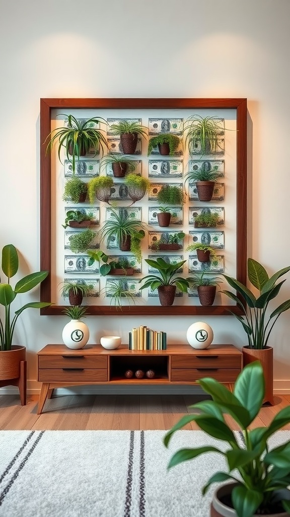 A stylish wall art display featuring money plants arranged on a backdrop that resembles dollar bills.