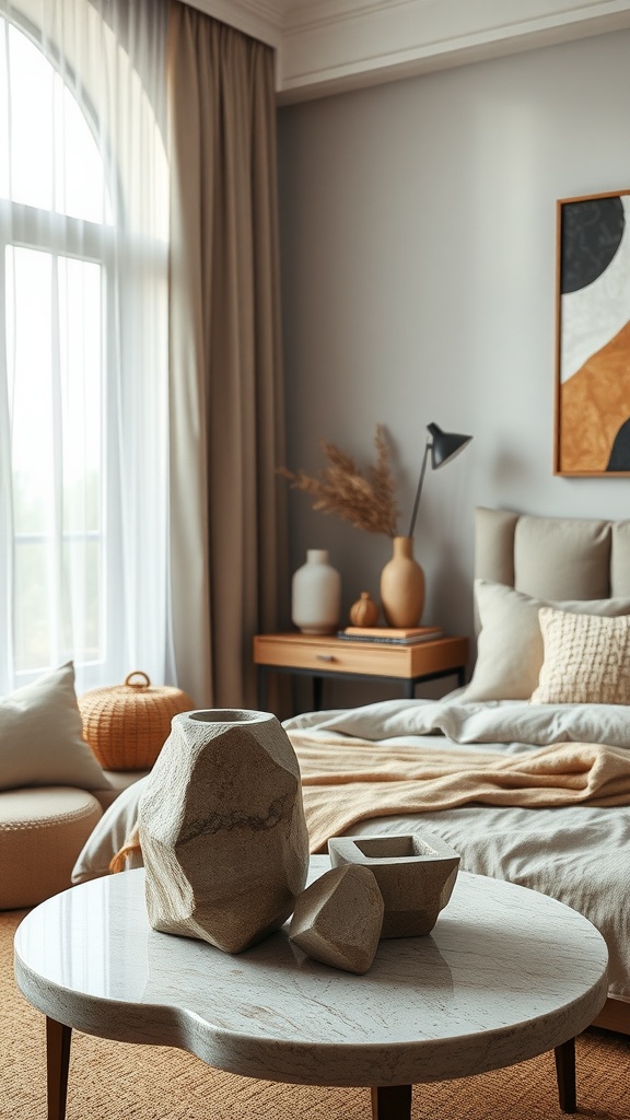 A cozy bedroom featuring natural stone decor elements such as vases and bowls on a table
