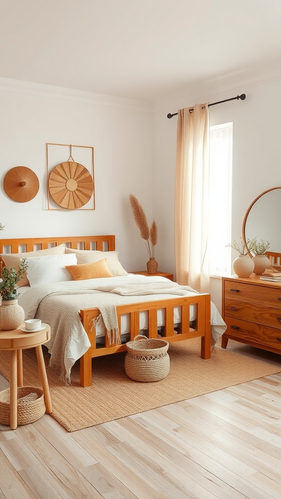 A beautifully decorated bedroom featuring natural wood furniture and accents.