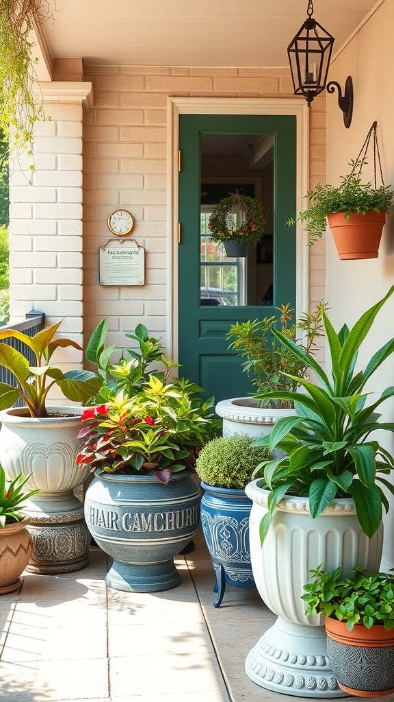 Outdoor space with various money plants in decorative pots.