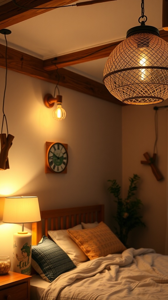A bedroom with rustic lighting fixtures, including a woven pendant lamp and a warm bedside lamp.