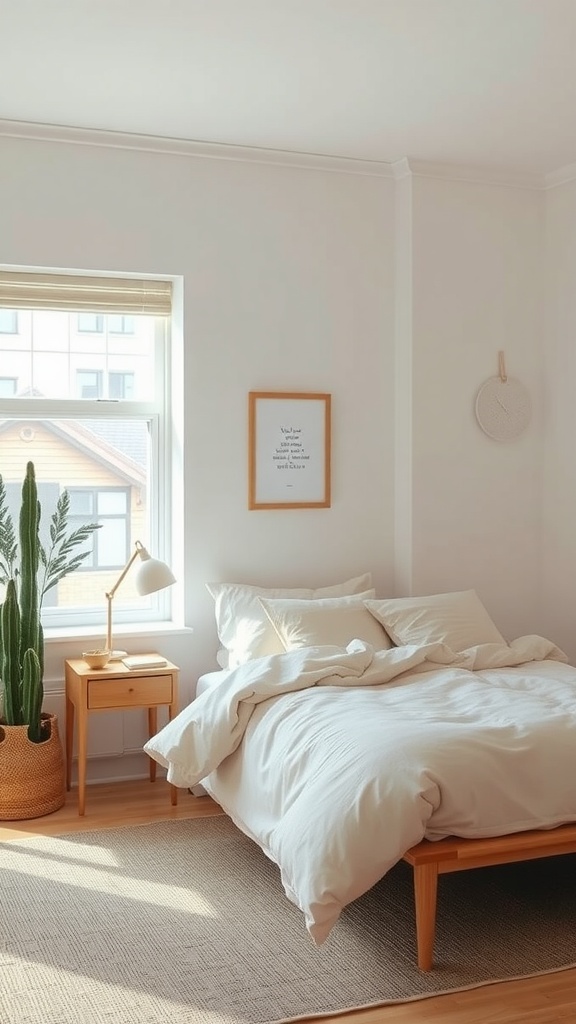 A cozy bedroom with neutral colors, featuring a bed, bedside table, lamp, and a large plant.