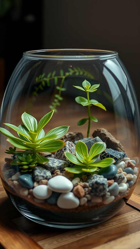 A glass terrarium containing money plants, pebbles, and rocks.