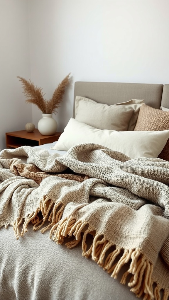 A cozy bedroom with textured blankets and pillows in earthy tones.