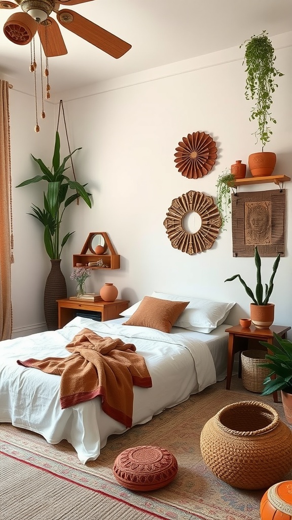 A cozy bedroom featuring terracotta accents with plants and warm textiles.