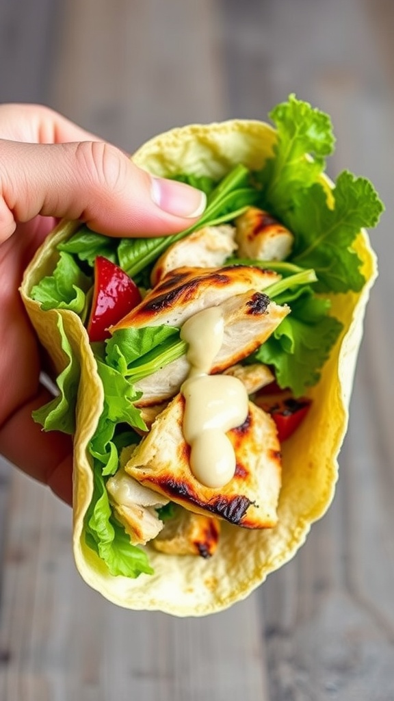 Grilled Chicken Caesar Salad Wrap with lettuce, chicken, and dressing