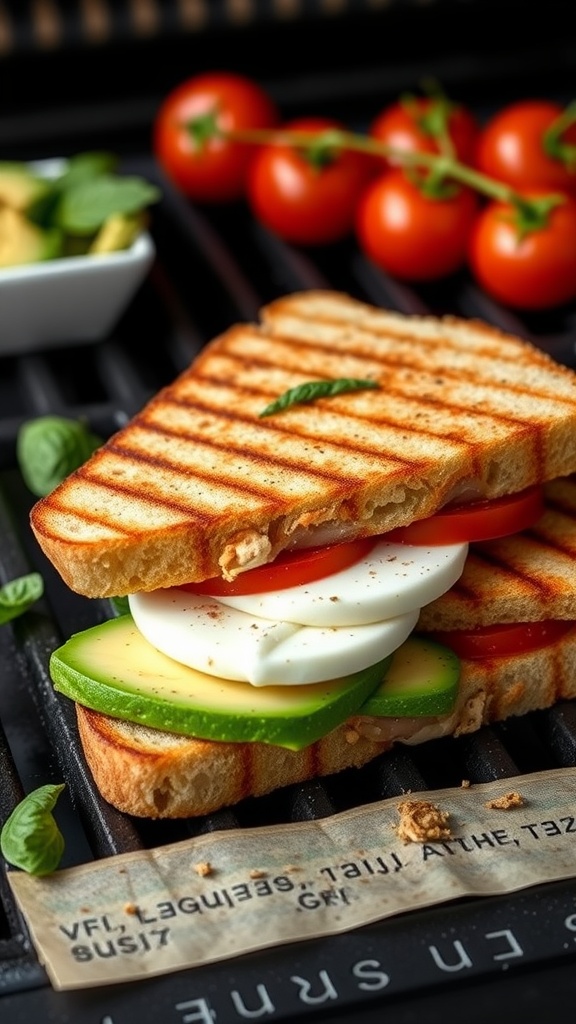 A delicious Avocado Caprese Panini with ingredients like fresh mozzarella, tomatoes, and basil.