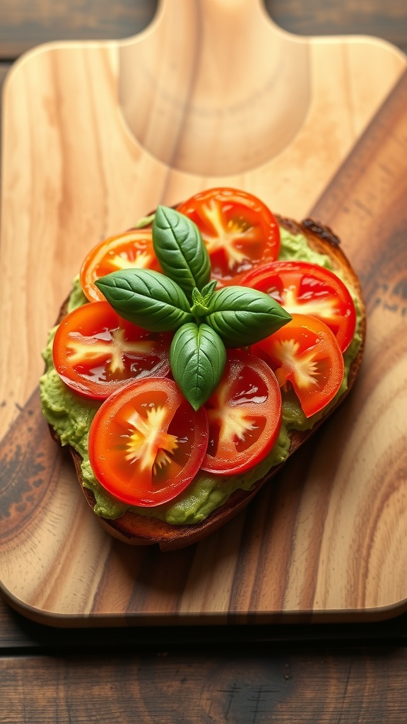 Avocado toast topped with sliced tomatoes and basil leaves on a wooden serving board