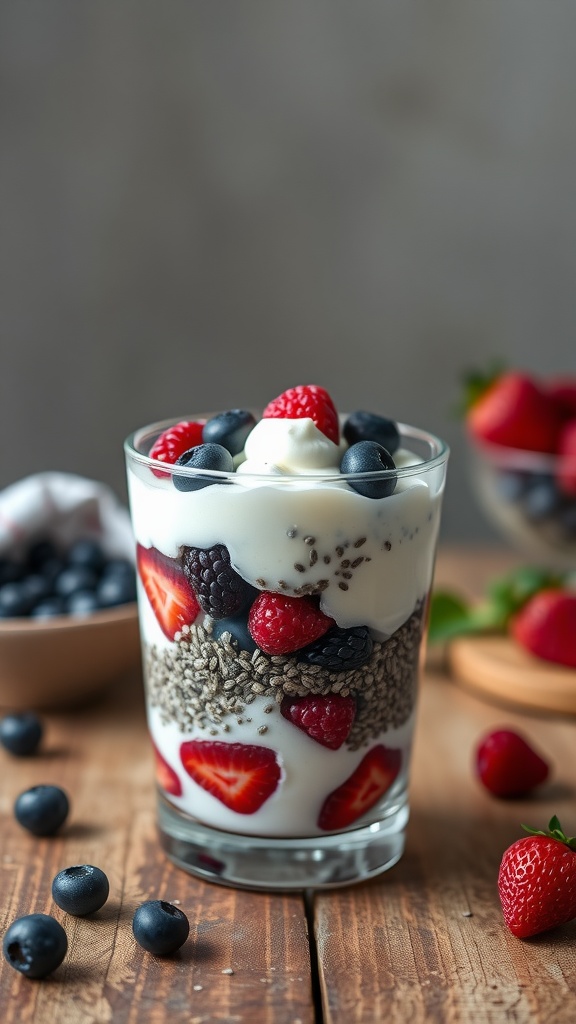 A delicious berry medley chia seed parfait with layers of chia pudding, yogurt, and fresh berries