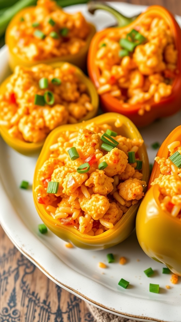 Buffalo Cauliflower and Rice Stuffed Peppers on a white plate