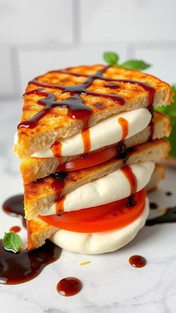 A delicious Caprese Panini with layers of mozzarella, tomato, and basil, drizzled with balsamic glaze.