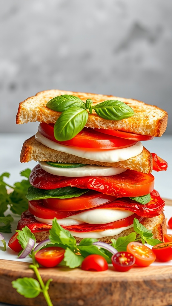 A delicious Caprese Panini with layers of mozzarella, tomatoes, and roasted red peppers, garnished with fresh basil.