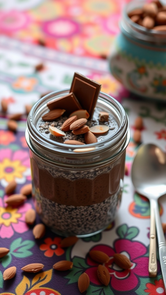 A jar of chocolate almond chia seed pudding topped with almonds and chocolate.