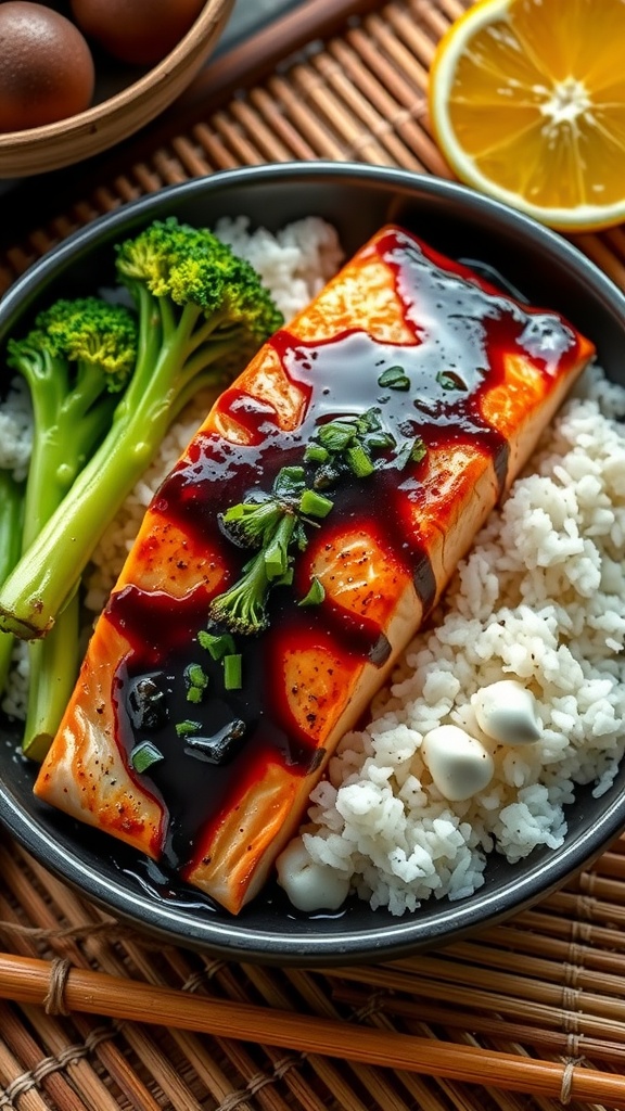 A bowl of baked salmon with citrus soy sauce, rice, and broccoli