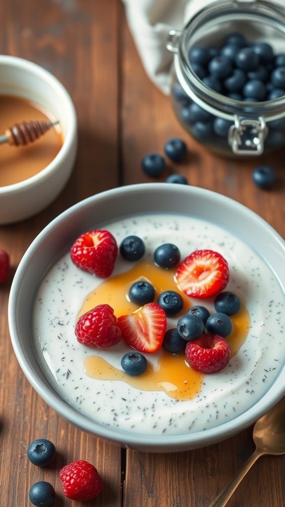 A bowl of classic vanilla chia seed pudding topped with fresh berries and honey.