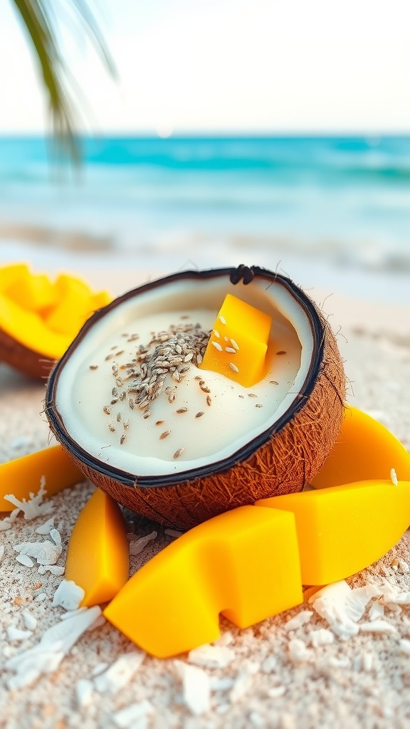 A bowl of coconut mango chia seed pudding with fresh mango slices and shredded coconut on top.