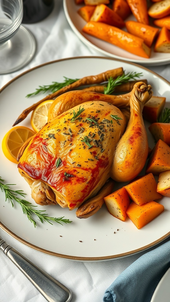 Garlic lemon herb roasted chicken served with root vegetables