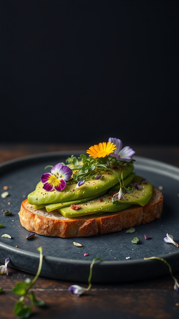 A colorful herbed avocado toast topped with microgreens and edible flowers on a black plate.