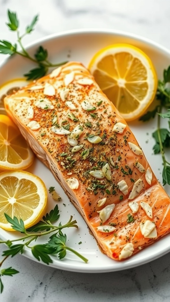 A plate of lemon herb crusted baked salmon with lemon slices and herbs