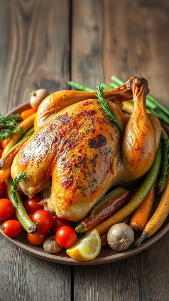 A beautifully roasted lemon thyme chicken surrounded by colorful seasonal vegetables.