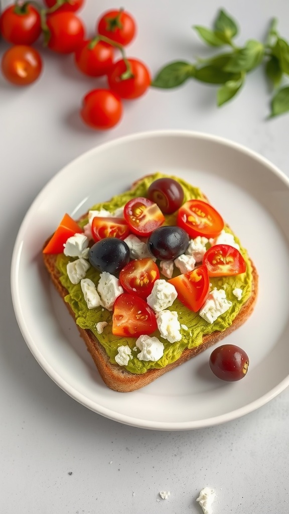 A plate of Mediterranean avocado toast topped with feta cheese and cherry tomatoes.
