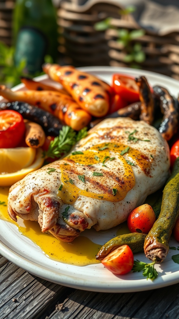 Grilled lemon herb chicken with colorful roasted vegetables