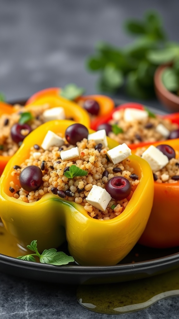 Colorful stuffed bell peppers filled with quinoa, feta cheese, and vegetables