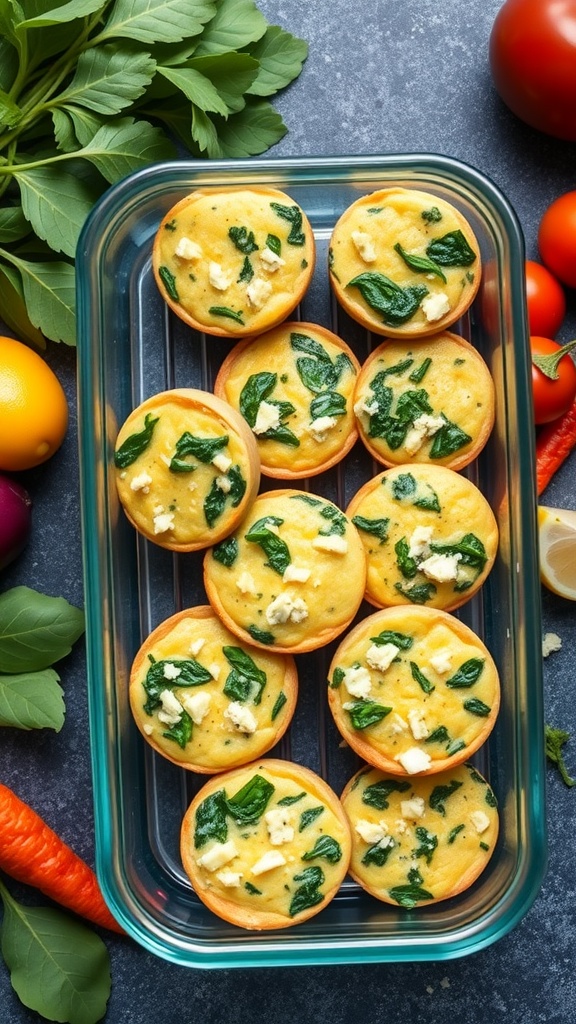 Spinach and feta egg muffins in a glass container