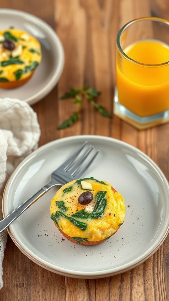 Savory spinach and feta egg muffins served on a plate with a fork and a glass of juice.