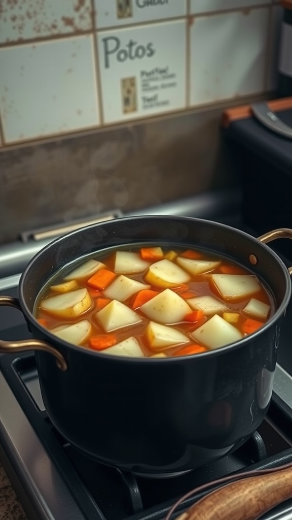 A pot of savory lentil and vegetable soup simmering on the stove.