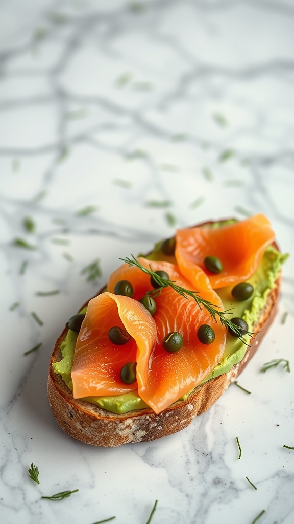 Delicious smoked salmon and avocado toast topped with capers and dill on whole-grain bread.