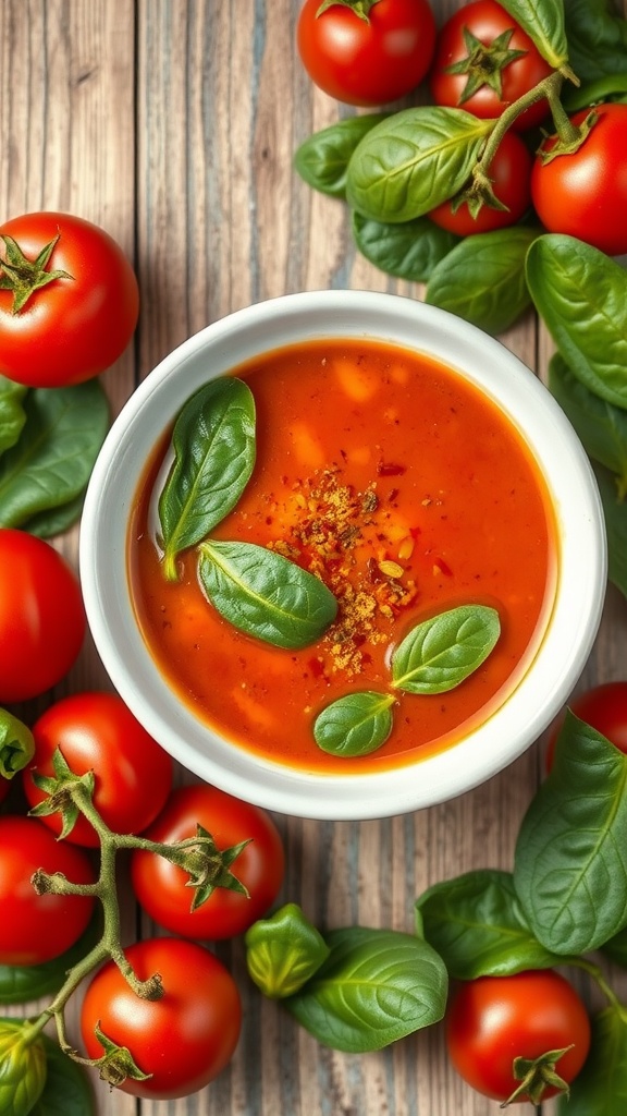 A bowl of spiced tomato and spinach soup with fresh tomatoes and spinach around it.