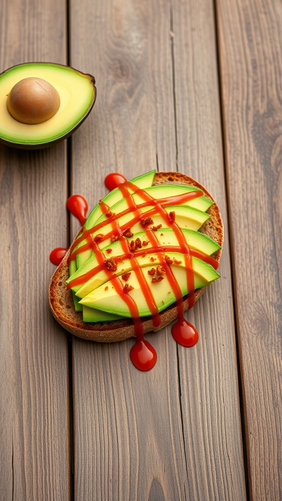 Spicy avocado toast topped with Sriracha sauce